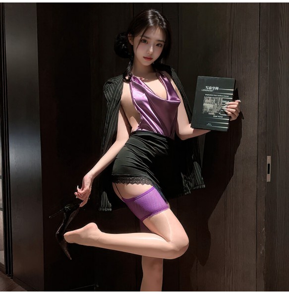 FEE ET MOI - Sexy Secretary Backless Set (Purple - Black)